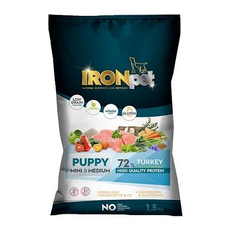 IRONpet TURKEY Puppy Mini & Medium vieno baltymo pašaras šunims iki 1 metų 1.5kg