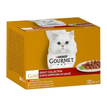 Gourmet Gold gabaliukai padaže 24x85g jautiena, višt. ir kepenėl, lašiša ir višt, kalakut. ir antiena