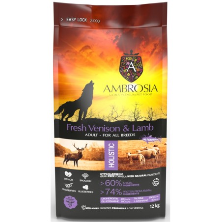 AMBROSIA grain-free Lamb & Fresh Venison Adult, begrūdis ėrienos ir šviežios elnienos sausas maistas šunims