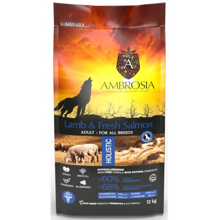 AMBROSIA grain-free Lamb & Fresh Salmon Adult, begrūdis ėrienos ir šviežios lašišos sausas maistas šunims